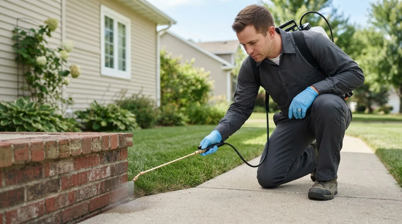 Pest control technician treating a home near Owenton, KY